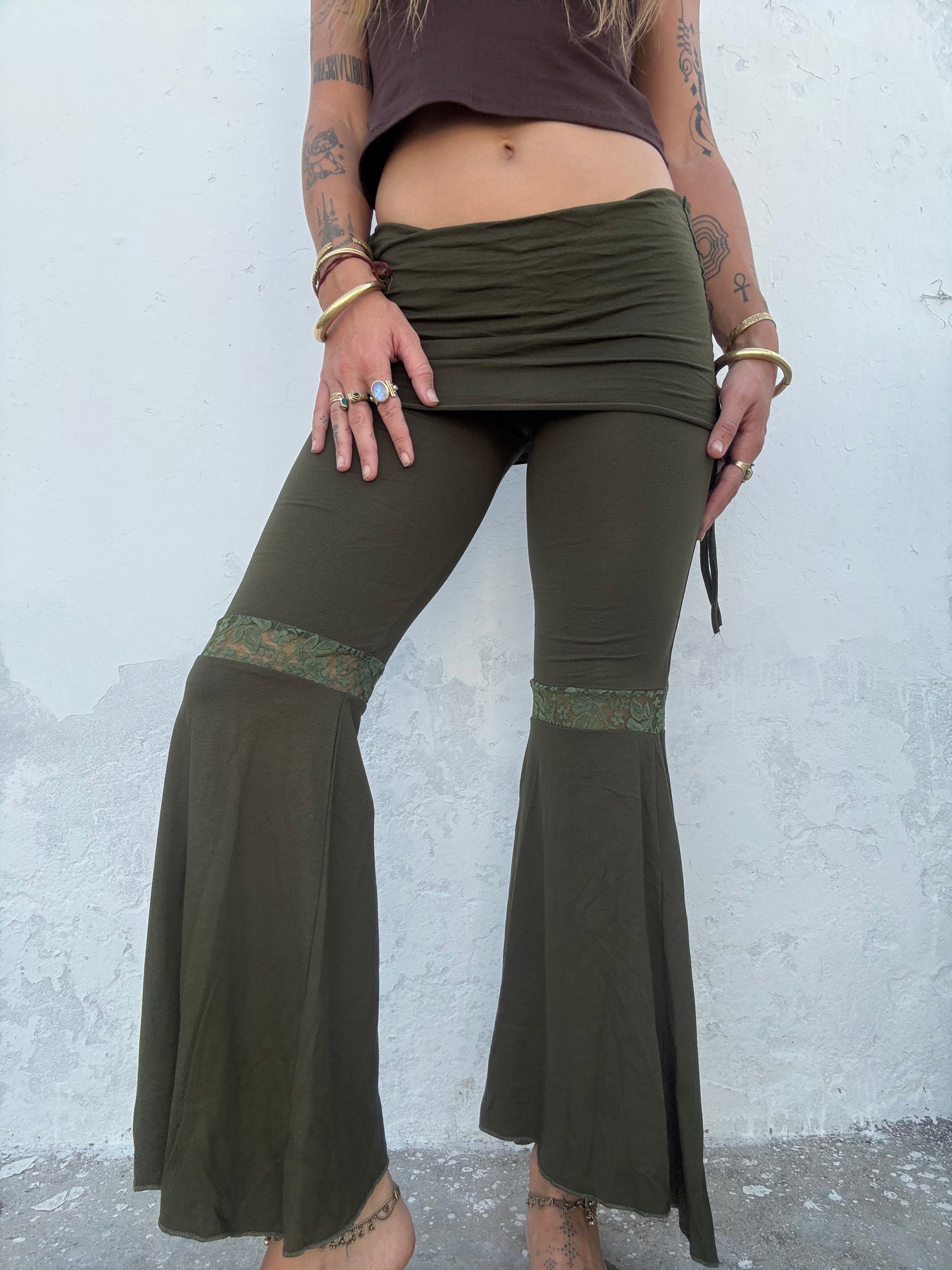 Lace Trim Flared Trousers - Green