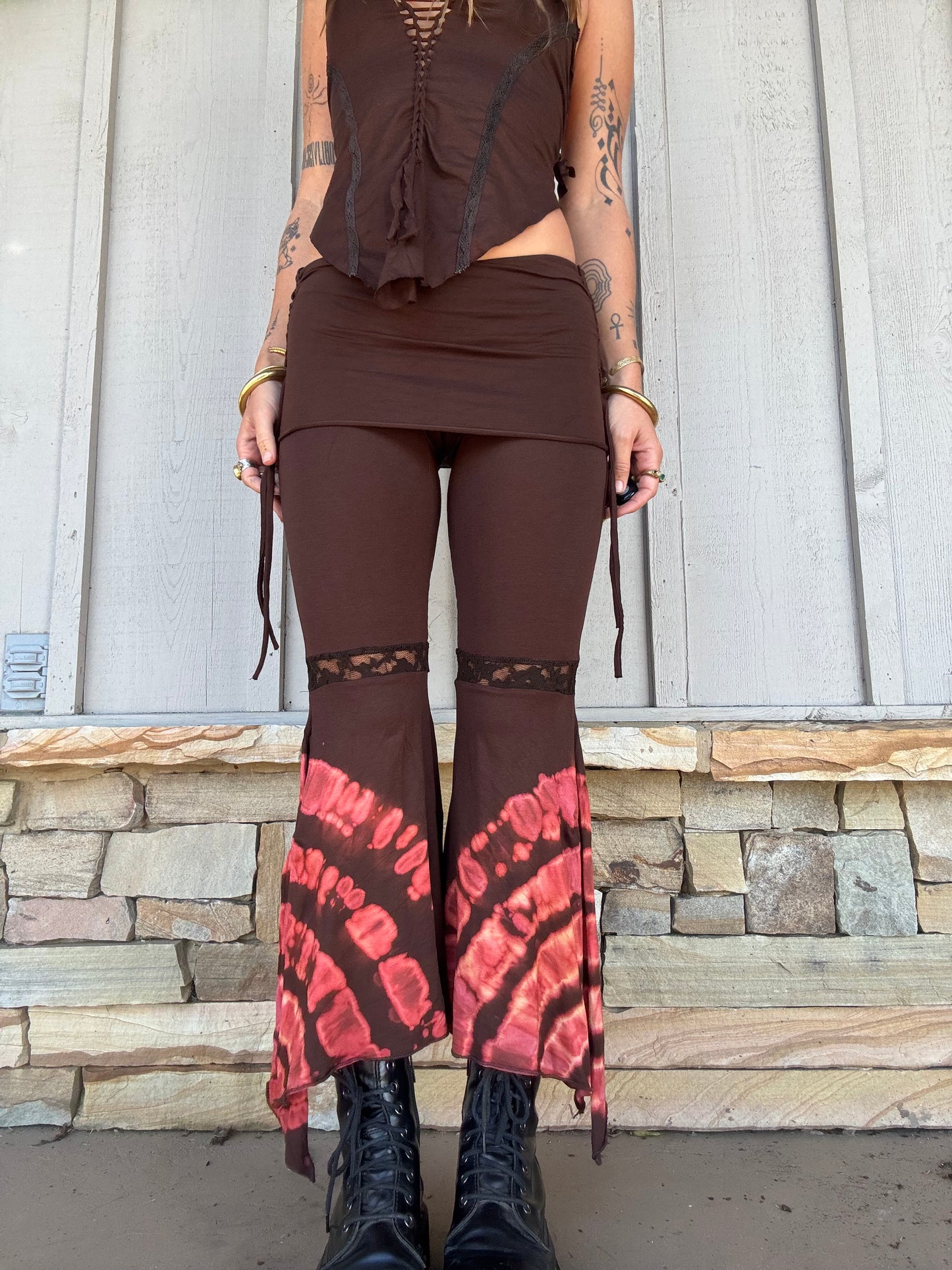 Lace Trim Flared Trousers - Brown Tie Dye