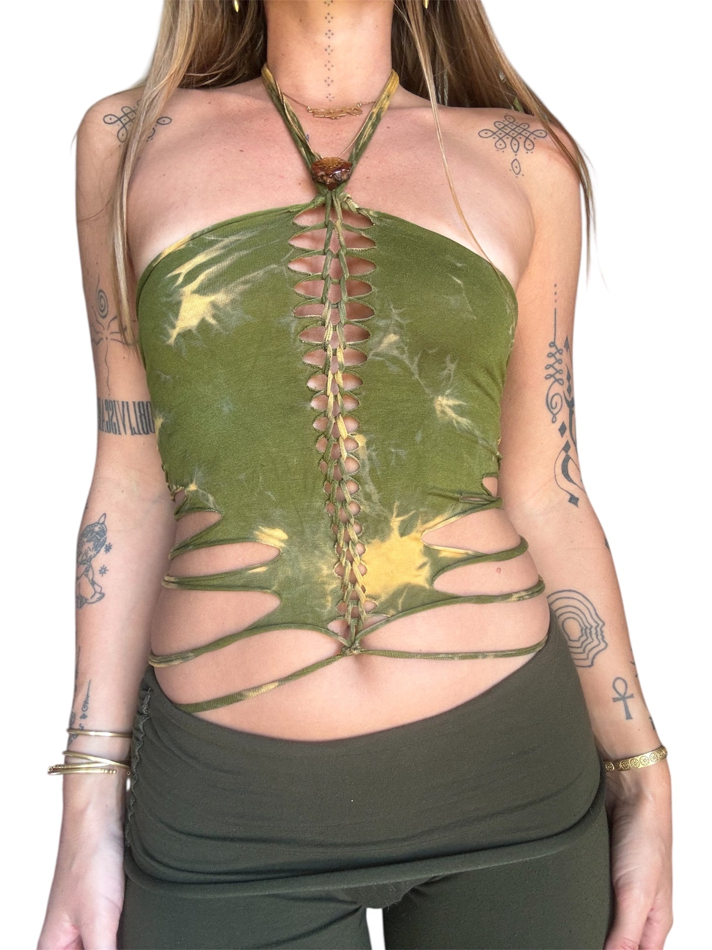 Slit Weave Top - Olive Green Tie Dye