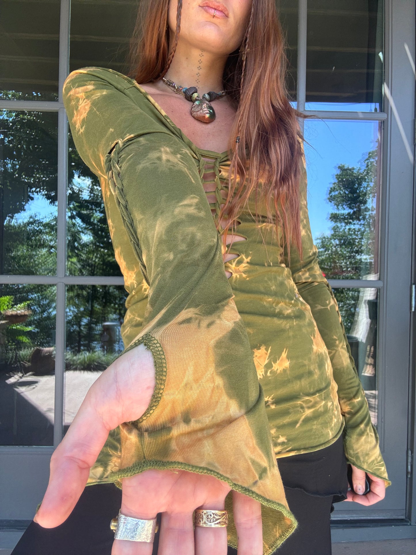 Slit Weave Spiral Dress - Green/Brown Tie Dye
