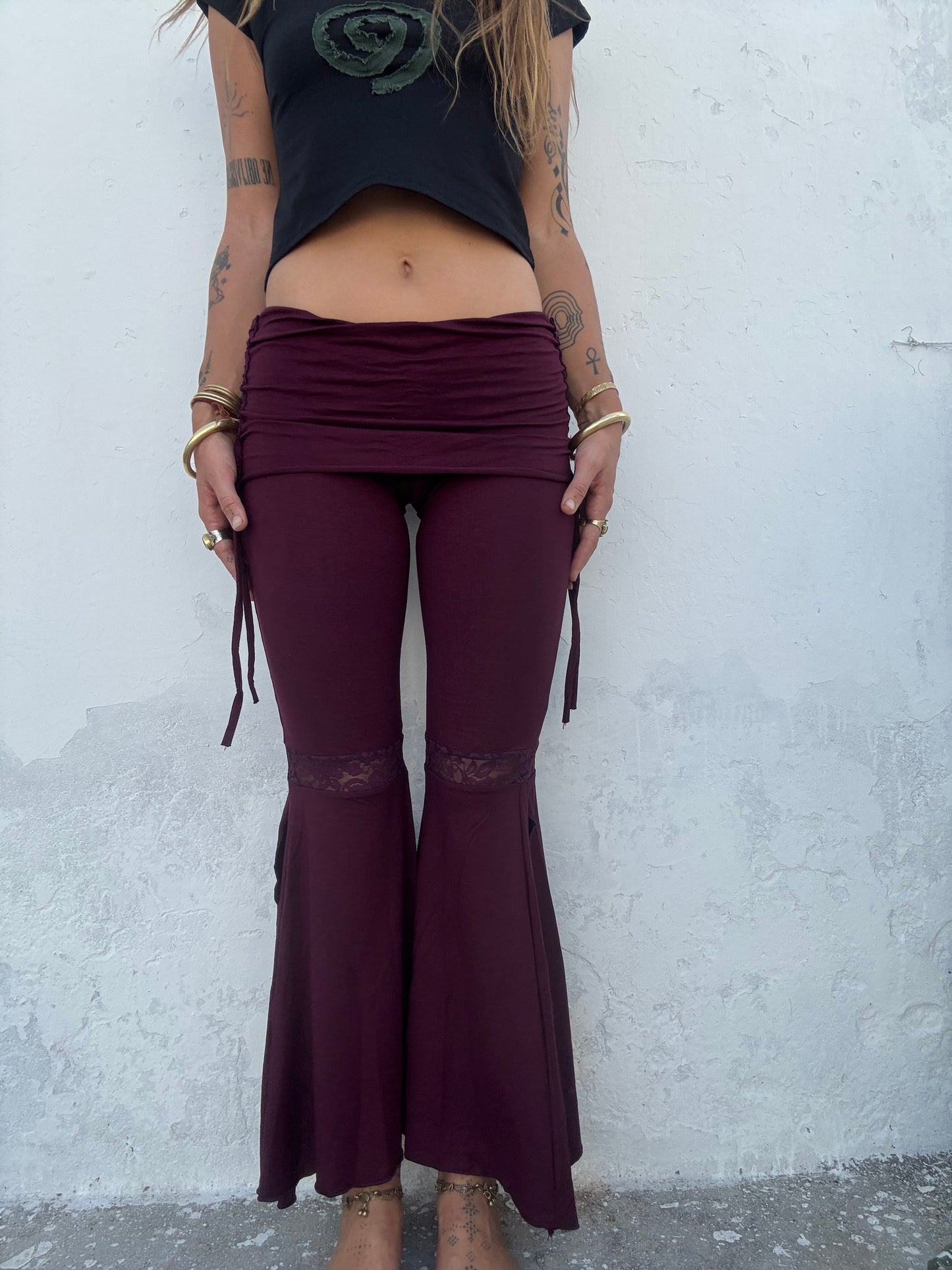 Lace Trim Flared Trousers - Purple