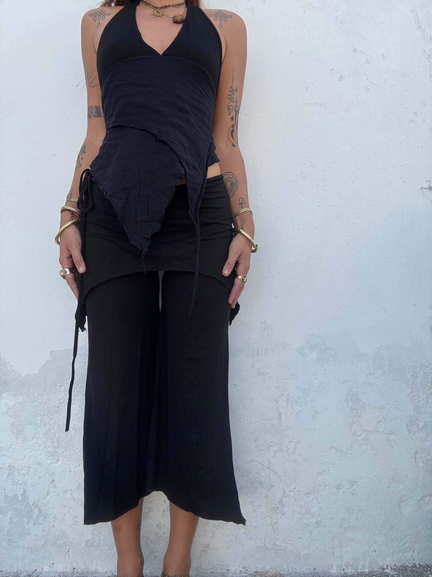 Cropped Flared Trousers - Black