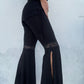 Lace Trim Flared Trousers - Black