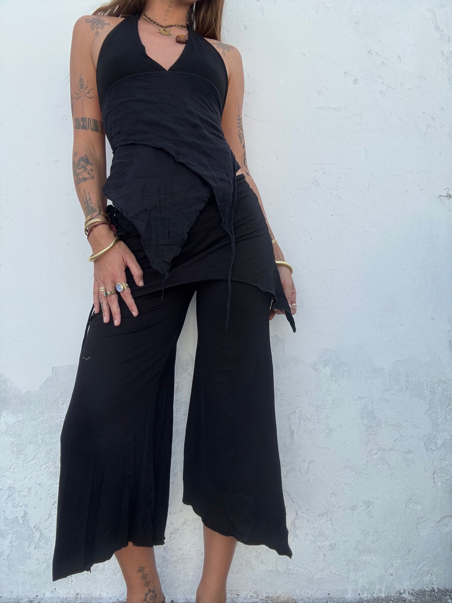 Cropped Flared Trousers - Black