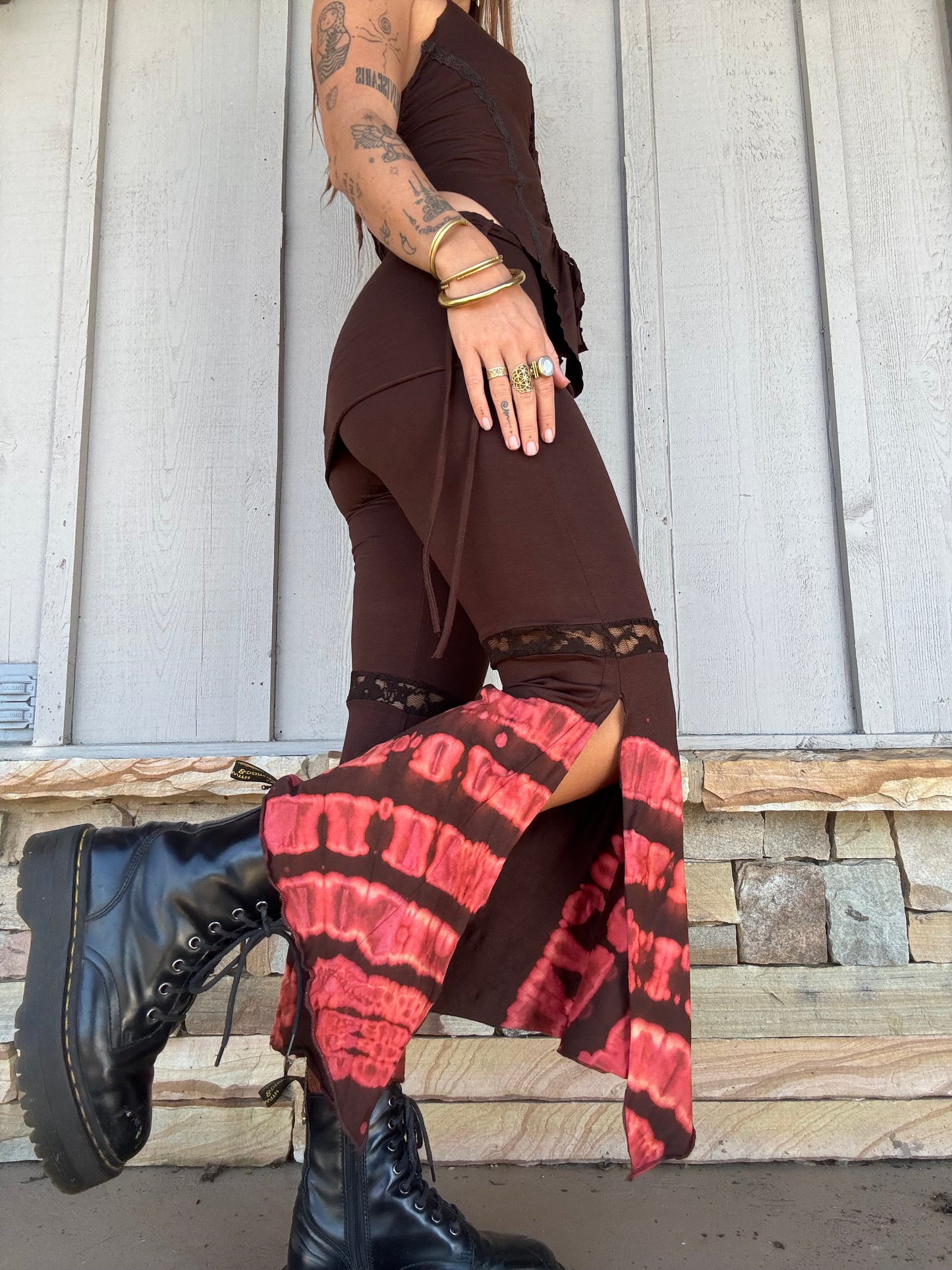 Lace Trim Flared Trousers - Brown Tie Dye