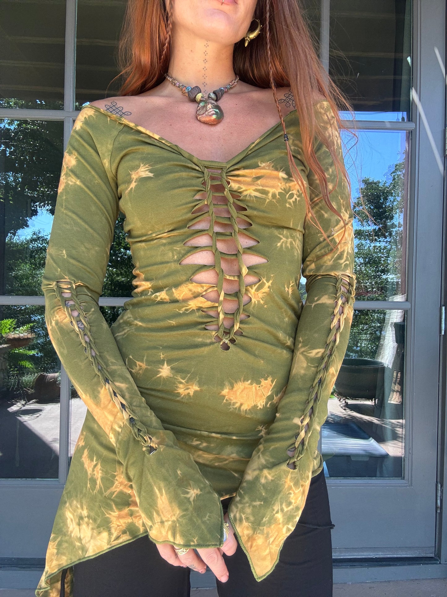 Slit Weave Spiral Dress - Green/Brown Tie Dye