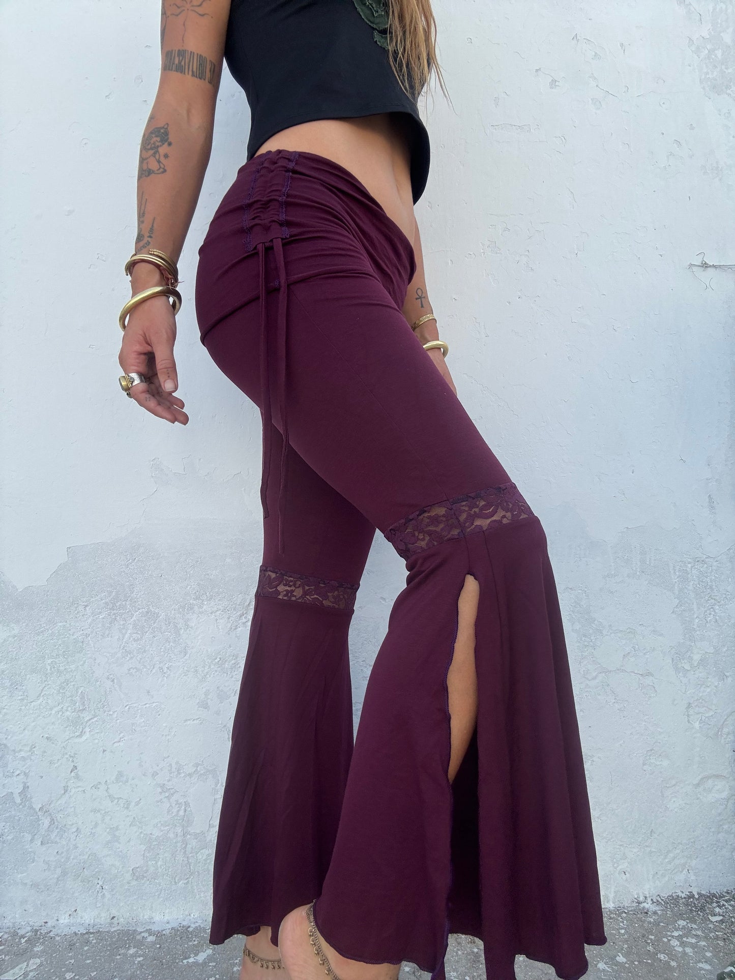 Lace Trim Flared Trousers - Purple