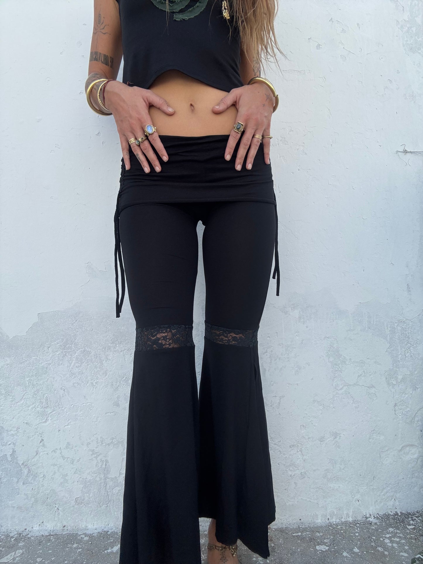 Lace Trim Flared Trousers - Black