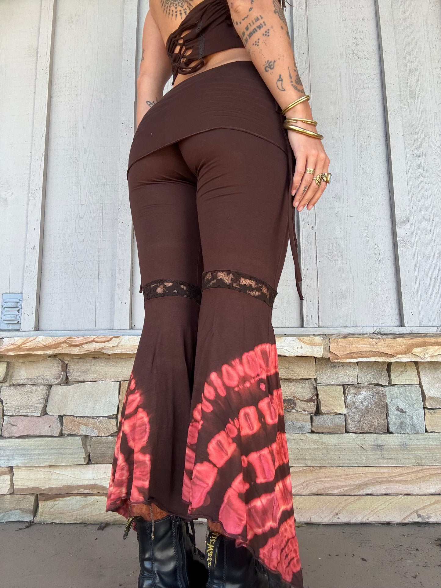 Lace Trim Flared Trousers - Brown Tie Dye