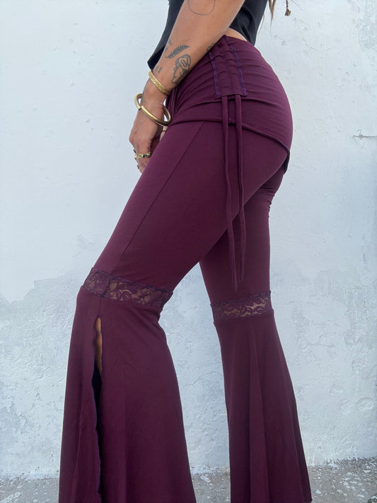 Lace Trim Flared Trousers - Purple