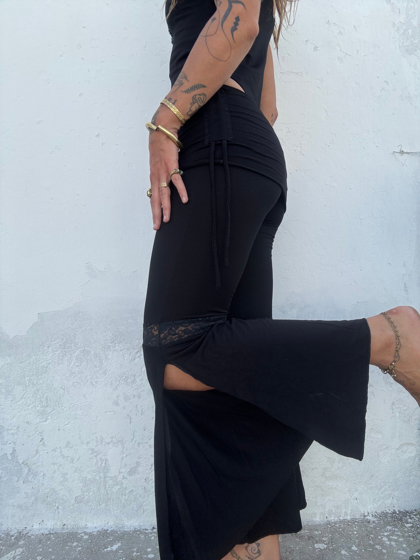 Lace Trim Flared Trousers - Black