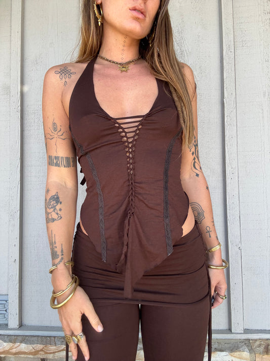 Slit Weave V Top - Brown
