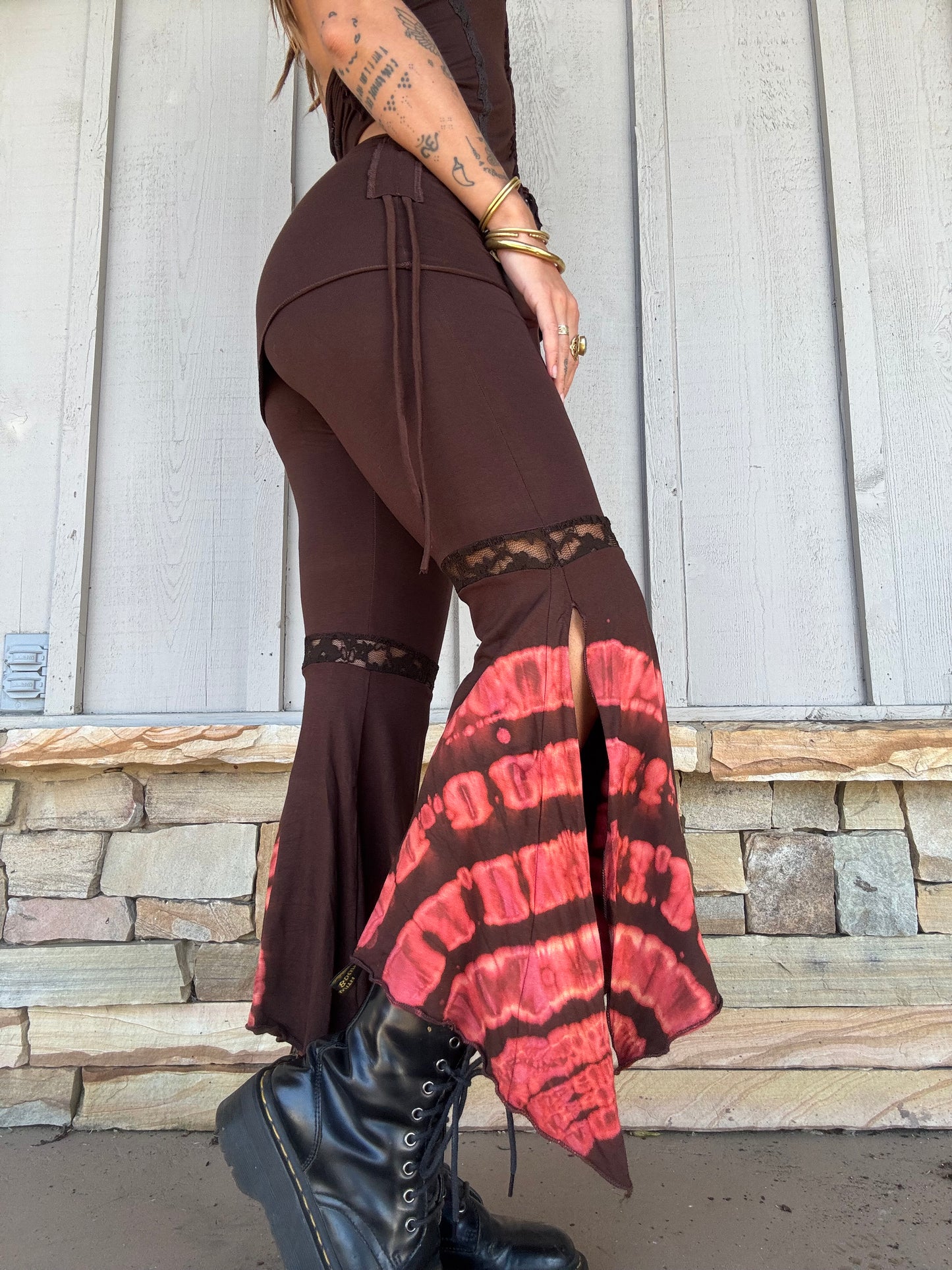 Lace Trim Flared Trousers - Brown Tie Dye