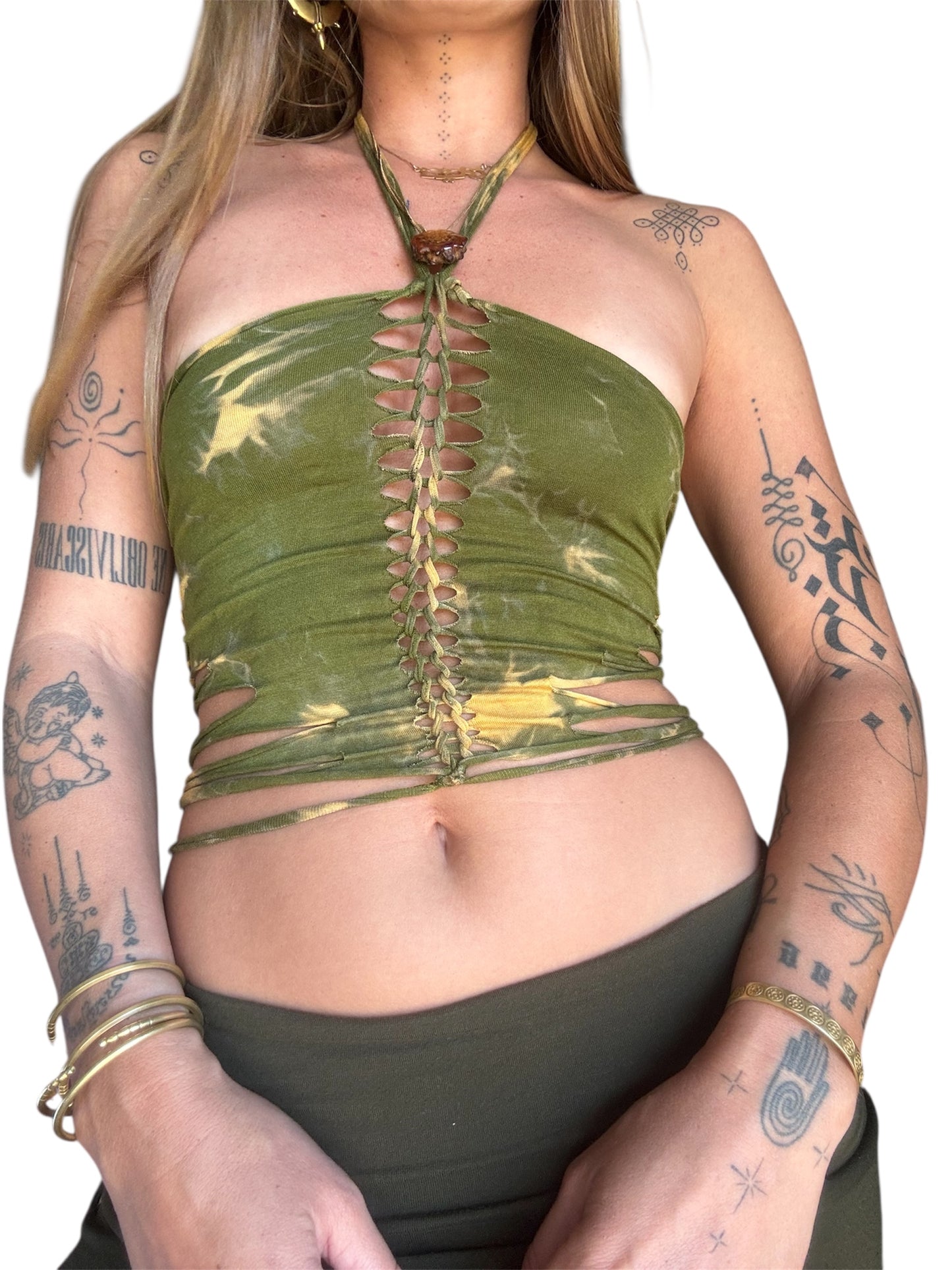 Slit Weave Top - Olive Green Tie Dye