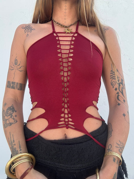 Slit Weave Top - Maroon